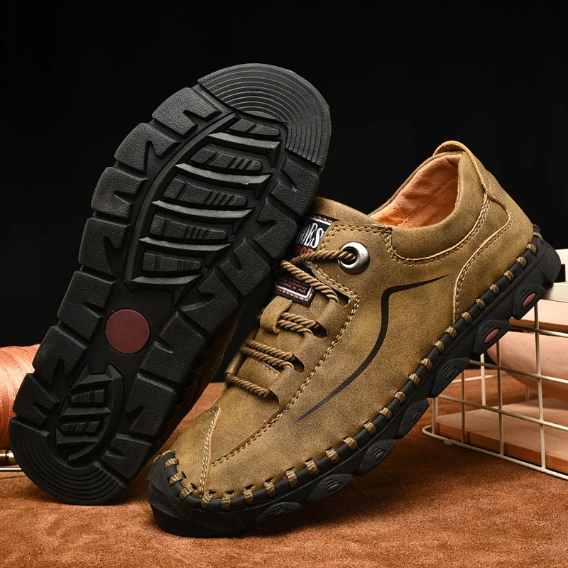 

Leather Casual Shoes for Men Lace Up Outdoor Non-slip Travel Hiking Shoes Black Big Size 47 48 Hand Stitched
