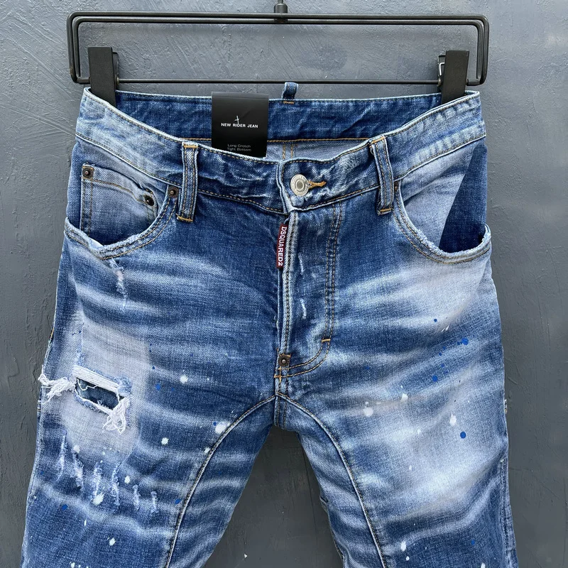 Spring New DSQUARED2 Men's/Women's Jeans Fashion Slim Stitching Three-Dimensional Cut Hole Patch Elastic Feet T153