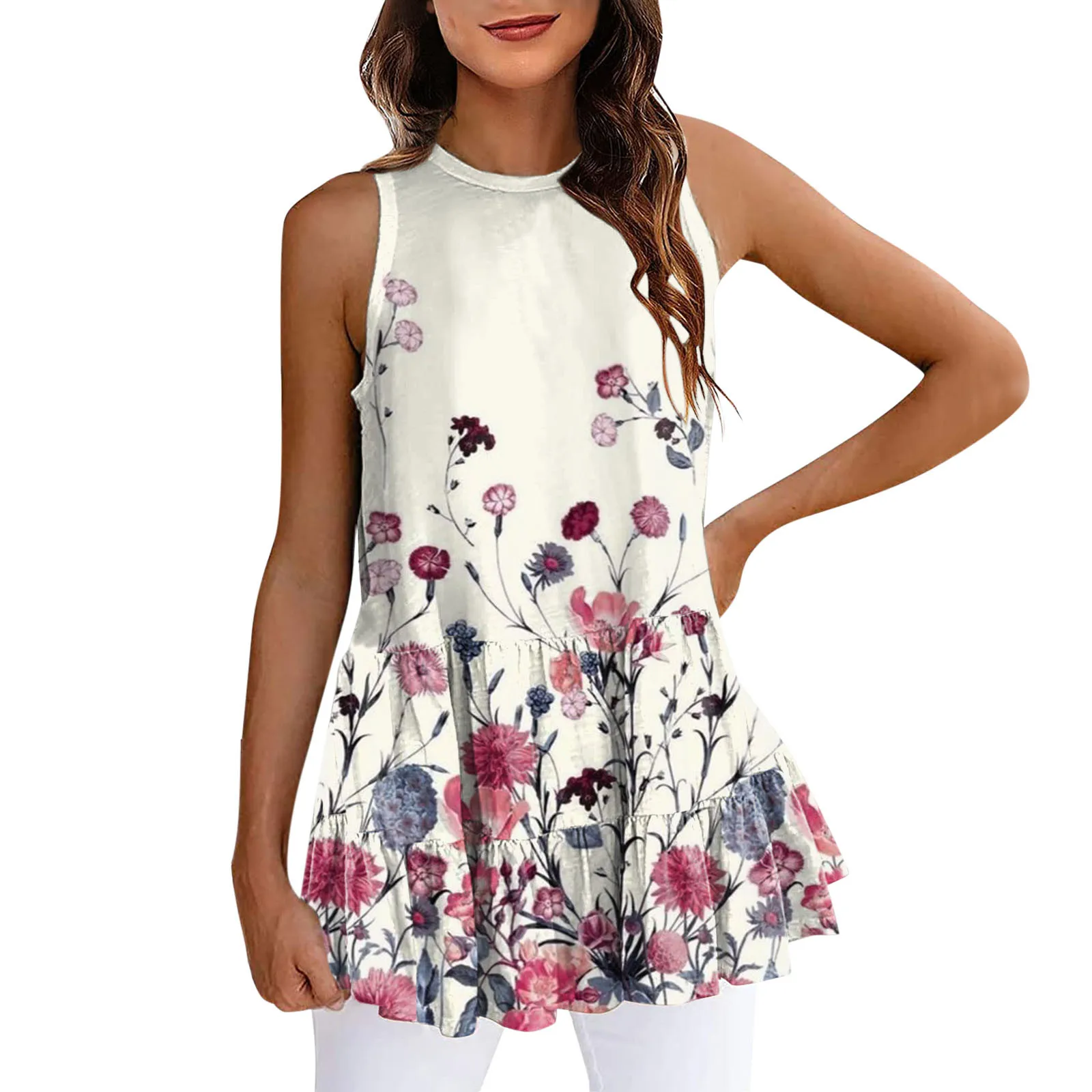 

Boho Flower Print Blouse Women Casual Solid Ruffle Sleeveless Tops Summer O Neck Peplum Tanks Blouses Tiered Shirt Blusas Mujer