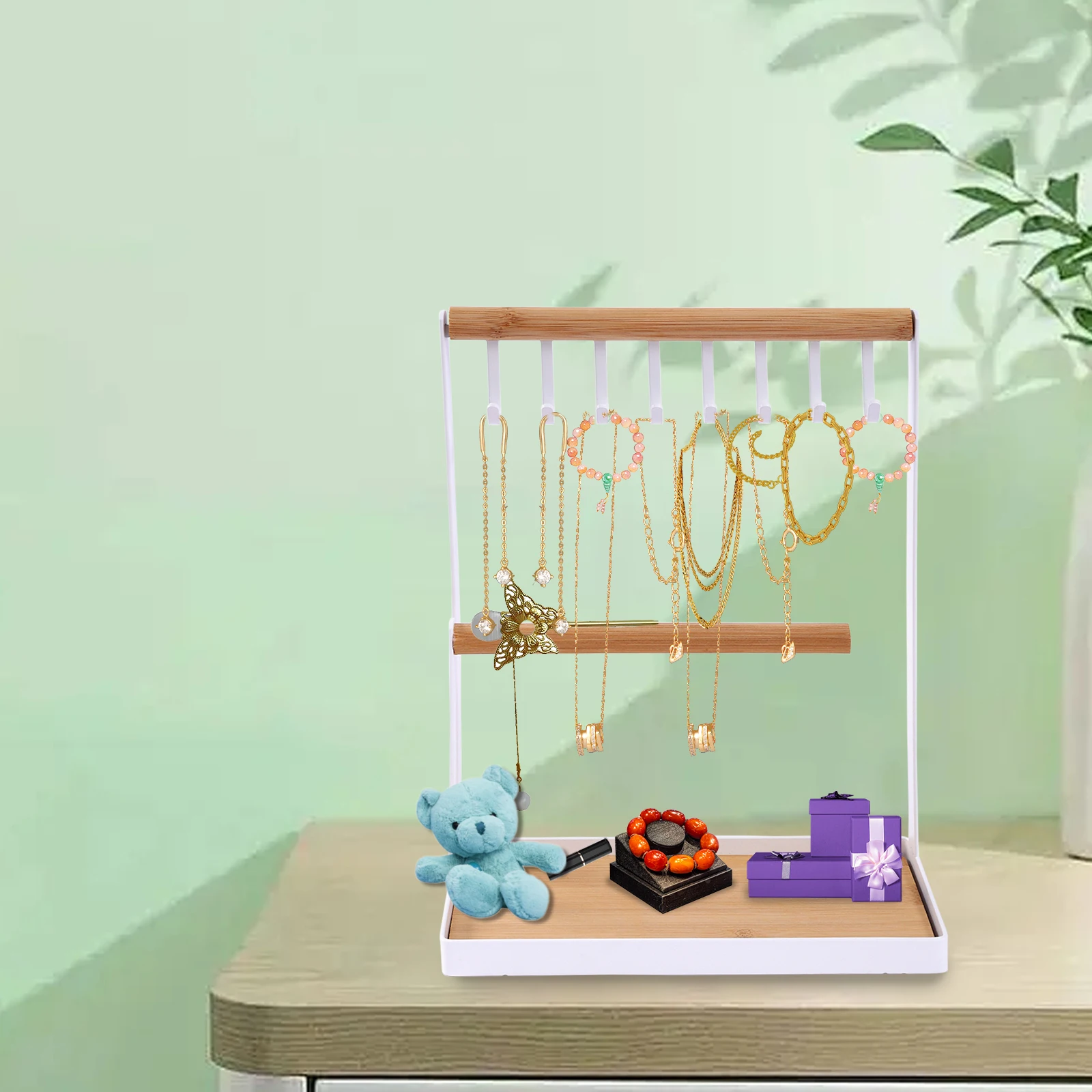 

White 3-Tier 8Hooks Jewelry Stand Holder Necklace Hanging Wooden Ring Organizer Earring Tray Storage Necklaces Bracelets Display