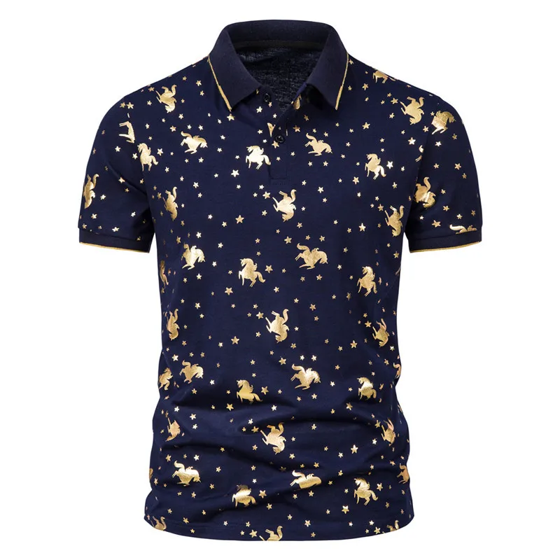 

2022 Summer New Men's T-shirt Fashion star Pegasus gold stamping quick dry breathable short sleeve T-shirt Men's boutique lapel