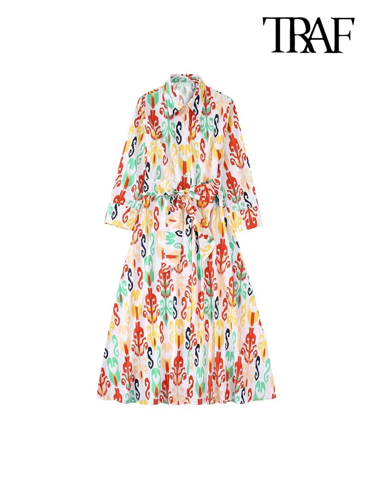 

TRAF Women Fashion With Belt Printed Midi Dress Vintage Three Quarter Sleeves Front Buttons Female Dresses Vestidos Mujer