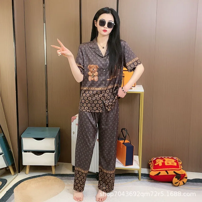 Summer Women Ice Silk Pajama Set Short Sleeve Trousers Designer Thin Spring Home Wear Korean Fashion Retro Printing New