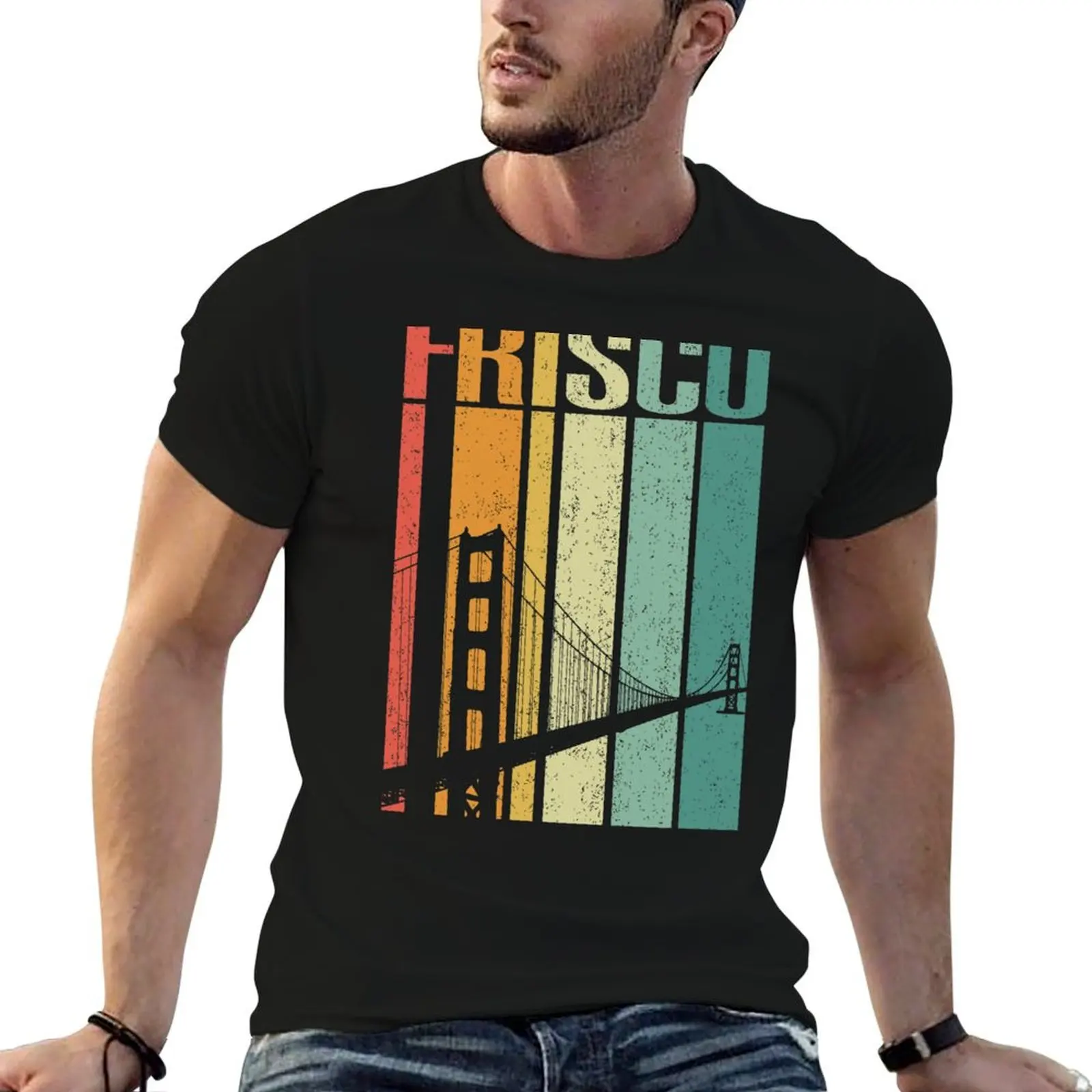 Фото Винтажная футболка San Francisco Bay Bridge Retro Frisco, мужская футболка с графическим рисунком, винтажная мужская футболка, летняя футболка №1