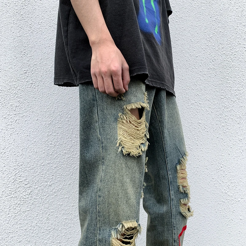 CHIPS Creative Design Men Harajuku Streetwear Hip Hop Hole Jeans Loose Vintage Straight Pants Casual Leg Distress Jeans Fashion