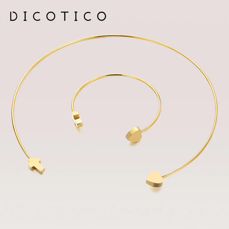 

Simple Cuff Collar Necklaces Bangles Sets For Women Heart Cross Stainless Steel Jewelry Set Women Fashion Wedding Choker 2021