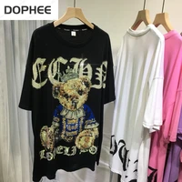 queen crown bear hor drilling women t shirt summer mid long oversized top new o neck loose short sleeve cute age reduction tees