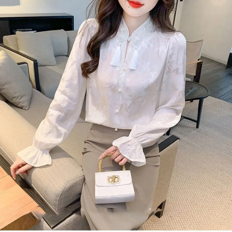 Новая женская рубашка с жаккардовыми пуговицами в китайском стиле весна-осень 2023