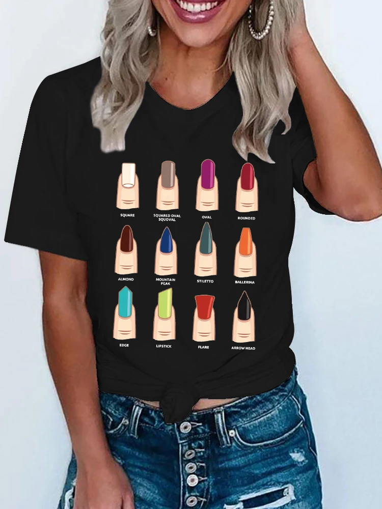 

Funny Colorful nail T-shirt Women Short Sleeve Korean Print Clothing Trend Ladies Tee Tops Graphic Kawaii Tshirt Female Clothes