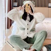 flannel winter pajamas set for women coral fleece hooded sleepwear 2 pieces casual loose warm thicken female homewear