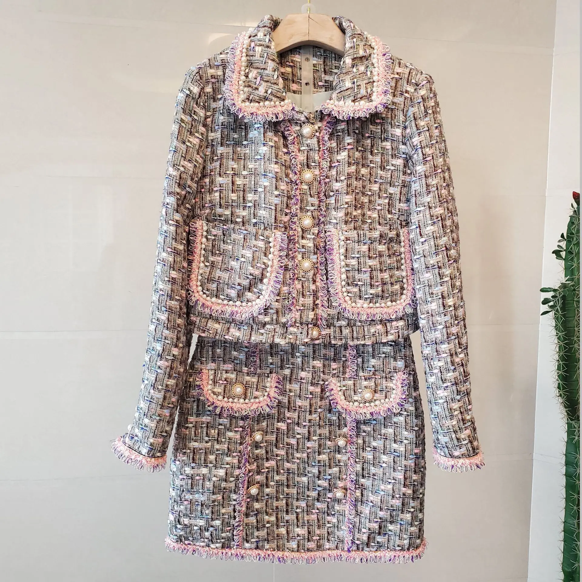 

Tailor Store customize Small suit fragrant short tweed jacket skirt stylish two-piece suit pink cropped casual wear