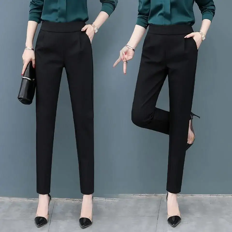 

New elastic high waist slim Korean Joker thick black Harlan casual pants Women clothes Women bottoms pants