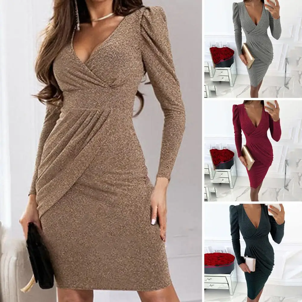 

Chic Party Dress Shiny Ladies Slim Fit Pleats Dress Sexy Women Formal Dress for Dating
