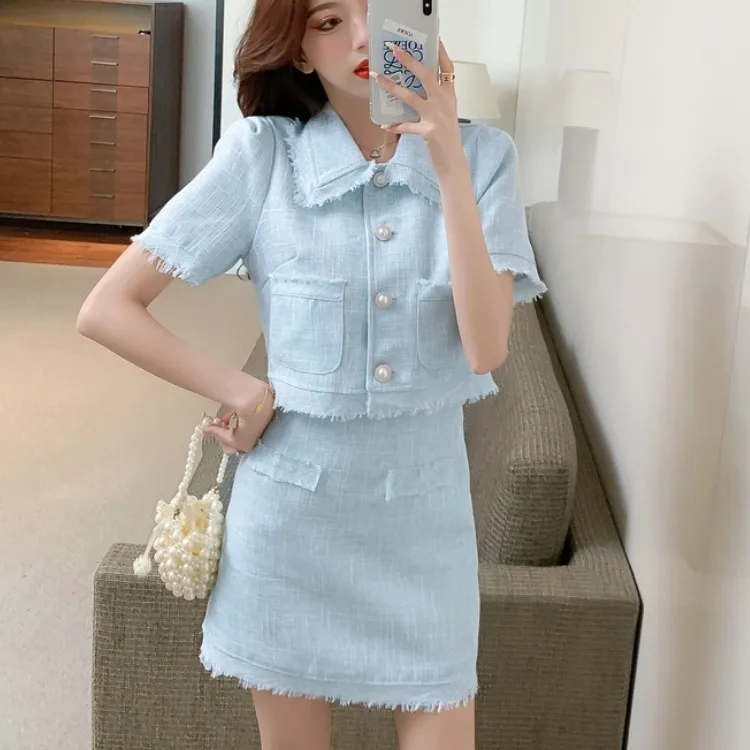 

Женский винтажный костюм из двух предметов, элегантный твидовый укороченный топ с отложным воротником и коротким рукавом и мини-юбка в Коре...