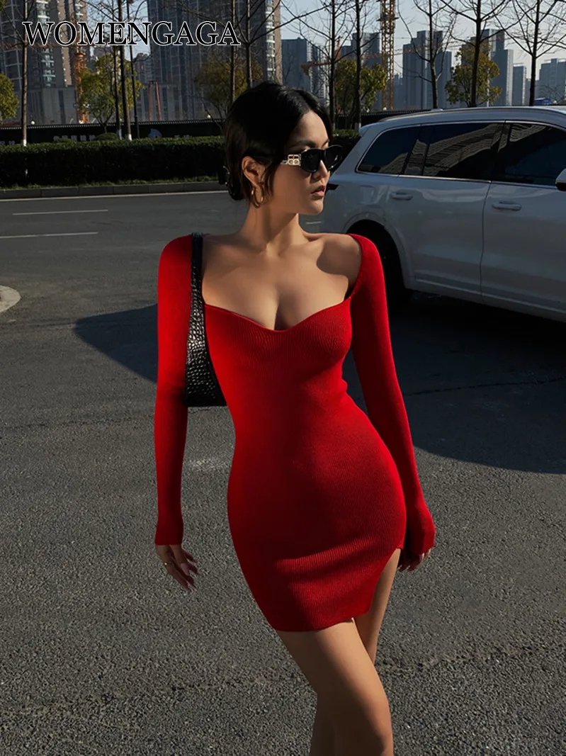 

Женское трикотажное платье с длинным рукавом, элегантное Красное Облегающее Привлекательное платье с квадратным вырезом, корейский топ, UH09, лето 2023