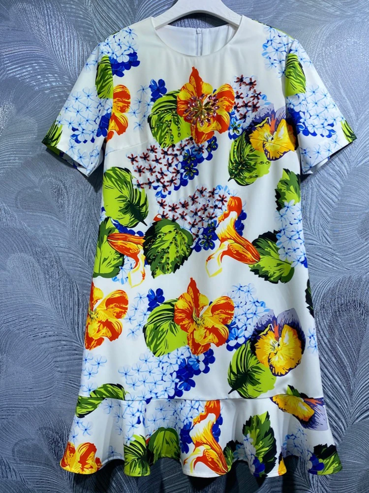 

Seifrmann High Quality Summer Women Fashion Runway Party Mini Dress Short Sleeve Crystal Beading Floral Print Ruffle Hem Dresses