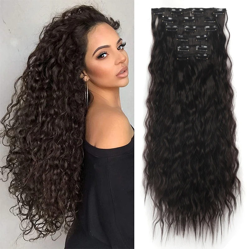 

6PCS Clip In Hair Extensions 24inch Black Brown with Highlight Hair Long Mermaid Waves Synthetic Clip On Hairpiece For Women