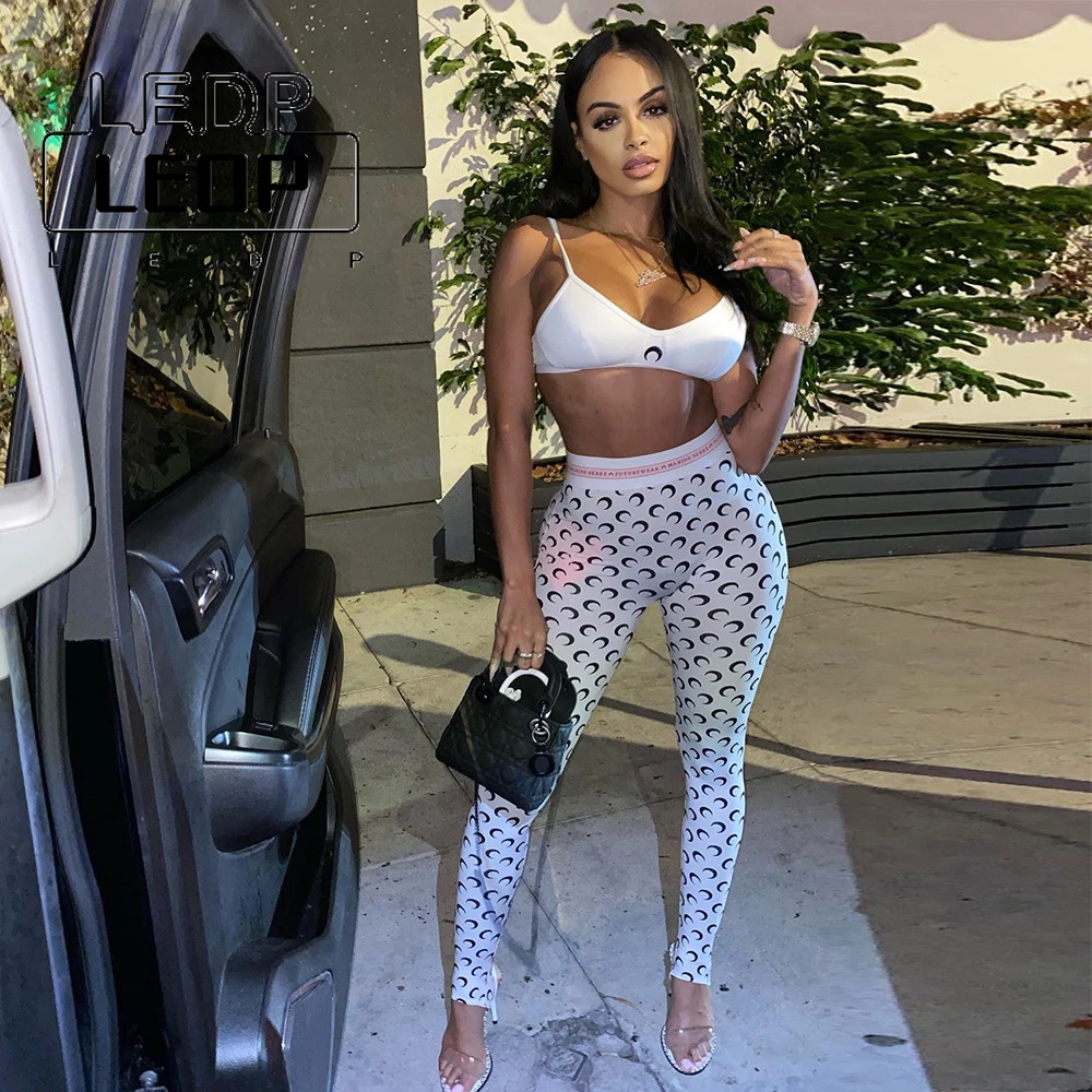 

LEDP Sexy Retro Sling Crescent Print Tank Top Crop Top and Pants Two Piece Summer Fashion Yoga Sportswear Suit Women