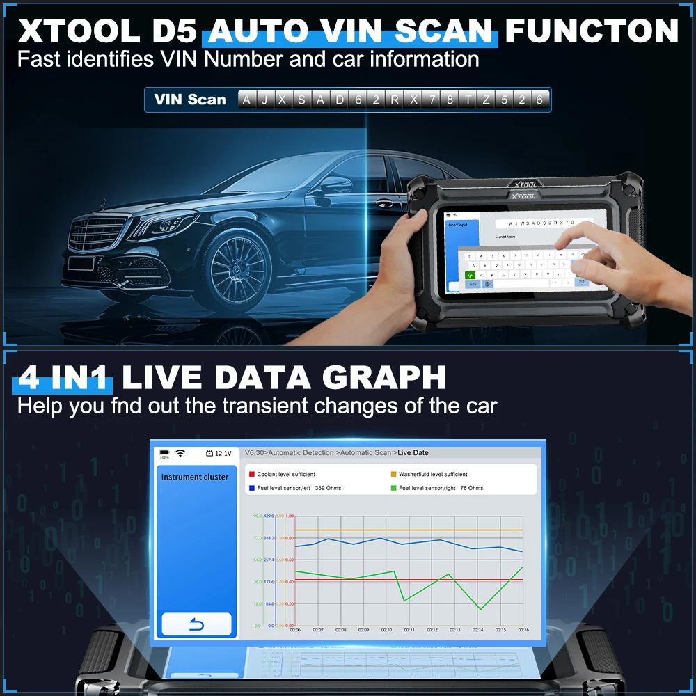 Фото Диагностический сканер XTOOL D5 для автомобилей: диагностика двигателя, трансмиссии, ABS, SRS, EPB, 5 систем, 10+ функций сброса, пожизненные бесплатные обновления, CAN FD №5