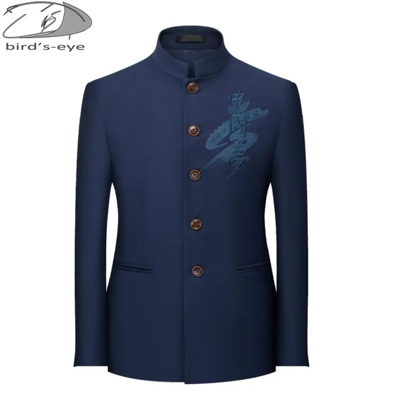 

Men Solid Color Stand Collar Suit Chinese Style Slim Fit Blazer Male Zhong Shan Clothing Embroidery on Chest Chinese Tunic Suit