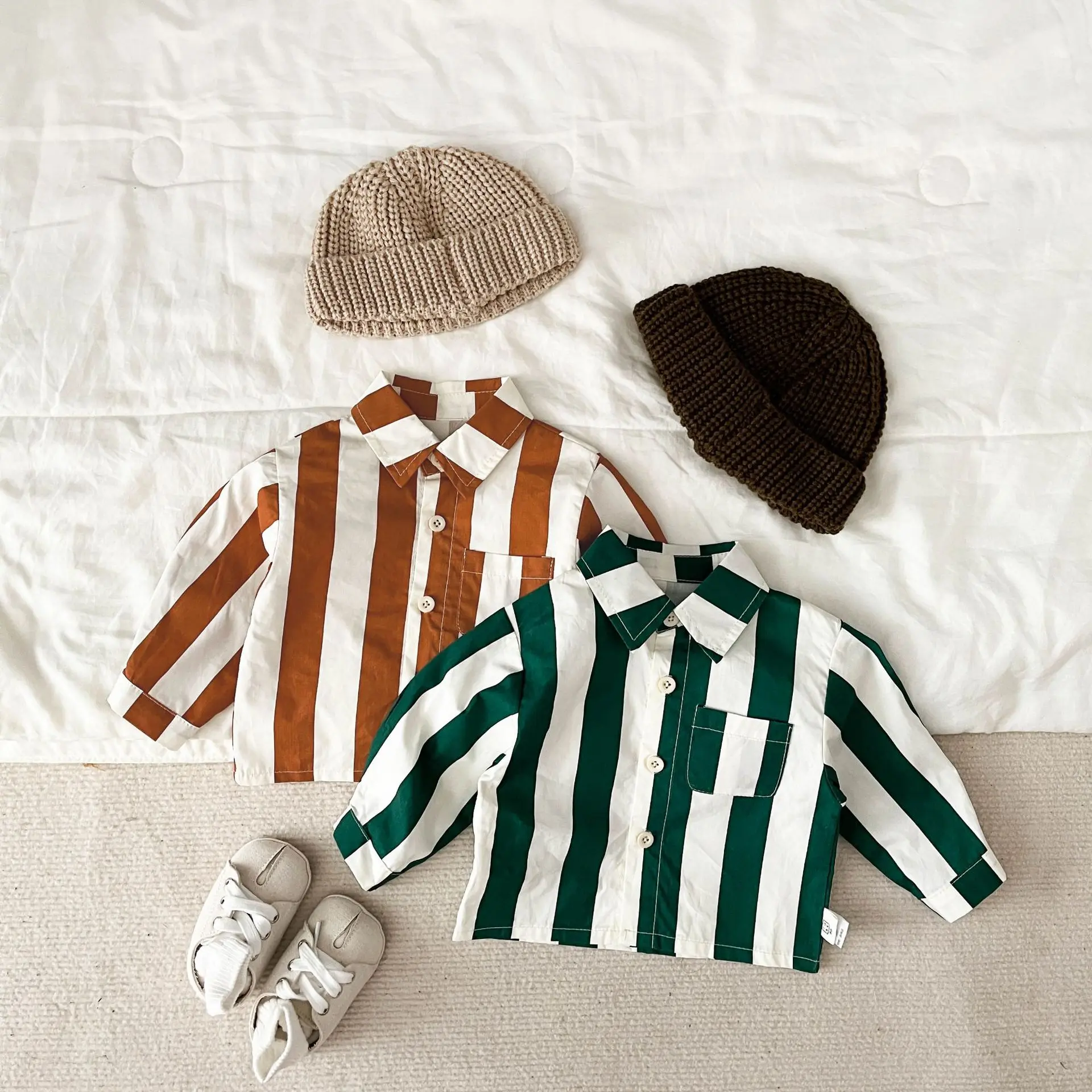 

2023 New Autumn Children Thin Striped Pockets Bottoming Shirt Boy Girl Baby Fashion All-match Long Sleeve Tops Kid Cotton Blouse