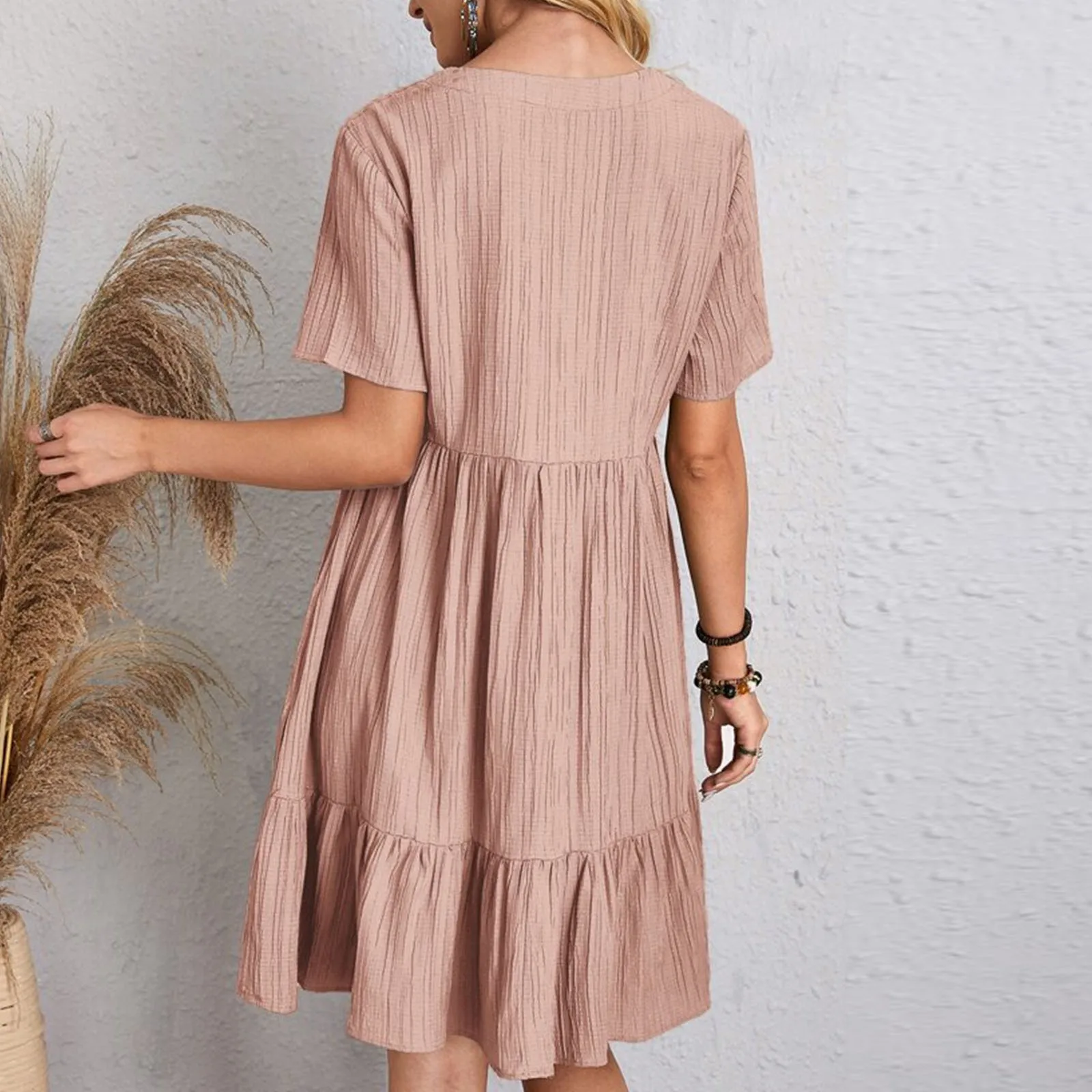 Women Vintage Solid Casual Dress 2023 Summer V Neck Short Sleeve Ruffle Hem Trim Dresses Female Clothing Vestidos Para Mujer 5 Women Vintage Solid Casual Dress 2023 Summer V Neck Short Sleeve Ruffle Hem Trim Dresses Female Clothing Vestidos Para Mujer 5
