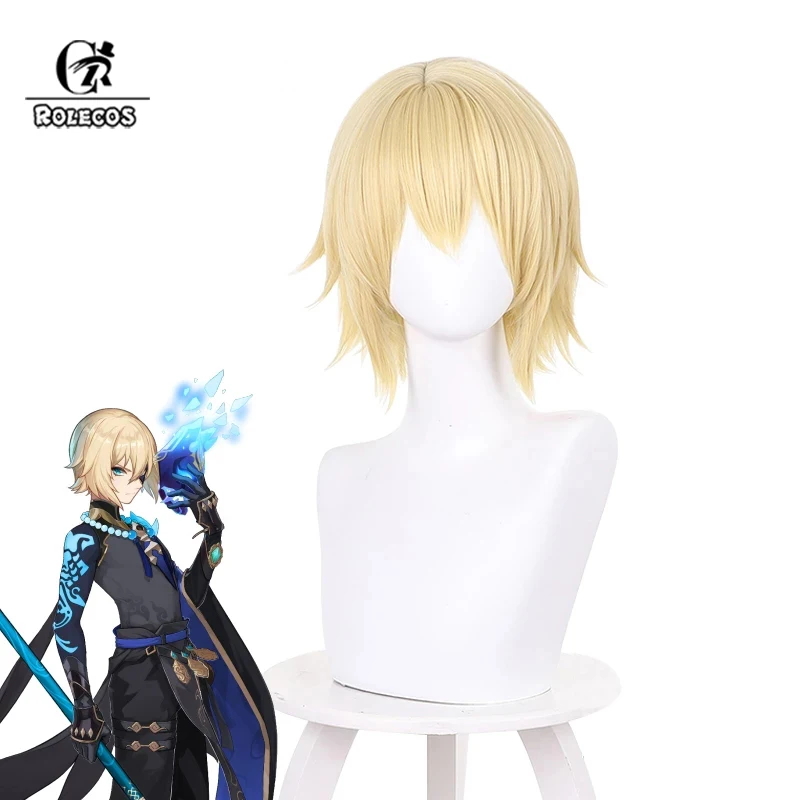 

ROLECOS Genshin Impact Dainsleif Cosplay Wig 35cm Short Straight Men Blonde Cosplay Wigs Heat Resistant Synthetic Hair