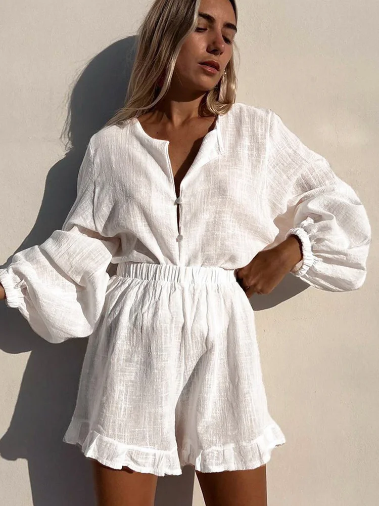 

Lantern Sleeve Pajamas For Women 2 Piece Sets White O Neck Sleepwear Female Casual Suits With Shorts Ruffle Spring 2023