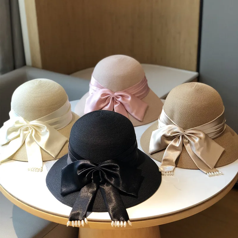 

French satin bowknot pearl straw hat for spring/summer 2022 The new large brim to show the face small sunscreen fisherman hat