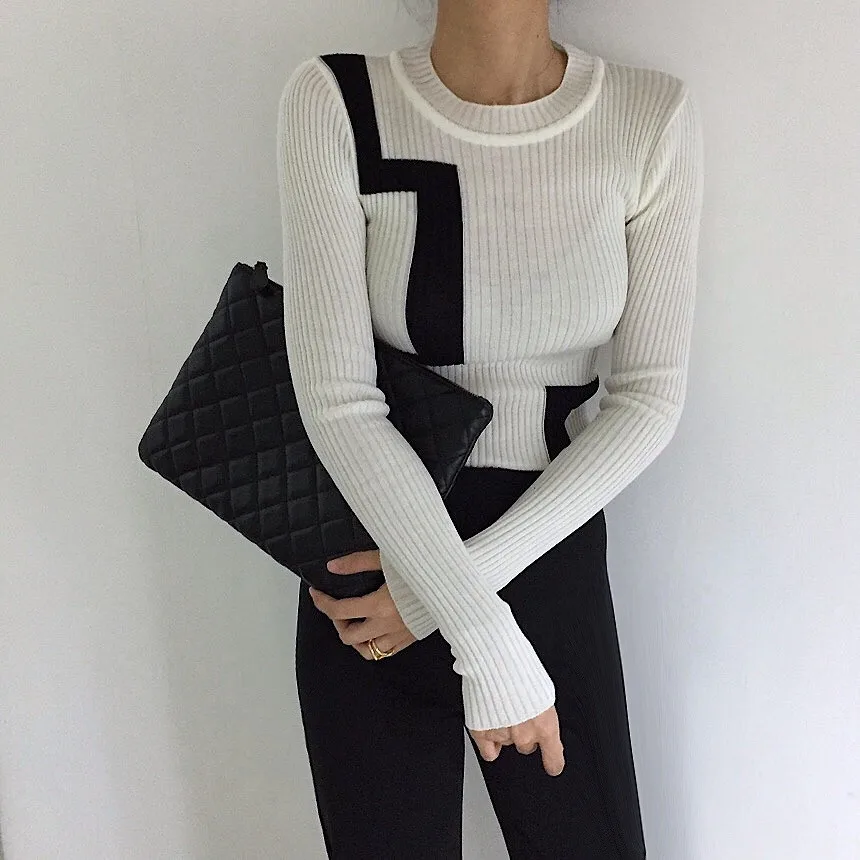 

Новинка осень/зима высококачественный толстый высокоэластичный черный и белый вязаный свитер с круглым вырезом и длинным рукавом сочетающ...