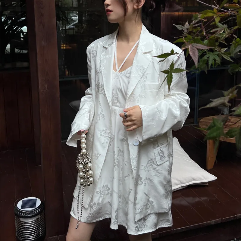 

Spring Summer Women Vintage Jacquard Thin Suit Jacket Black White Casual Office Ladies Blazers Lapel Long Sleeve Female Outwear