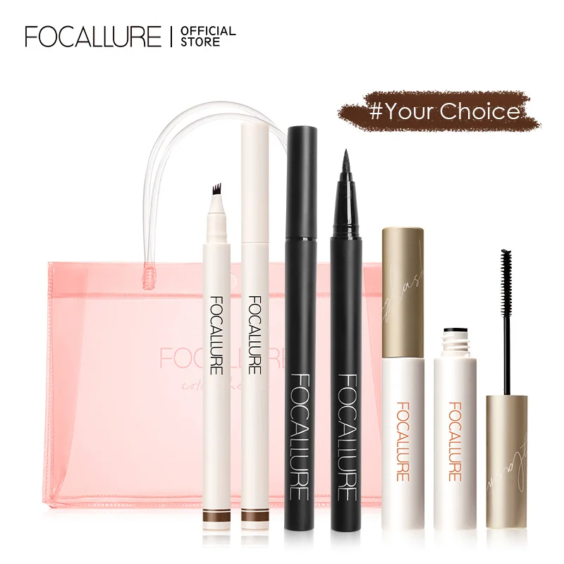 

FOCALLURE 4 Pcs Makeup Set Include Waterproof Liquid Eyebrow Pencil Eyeliner Black Mascara Women's Cosmetics With PVC Bag