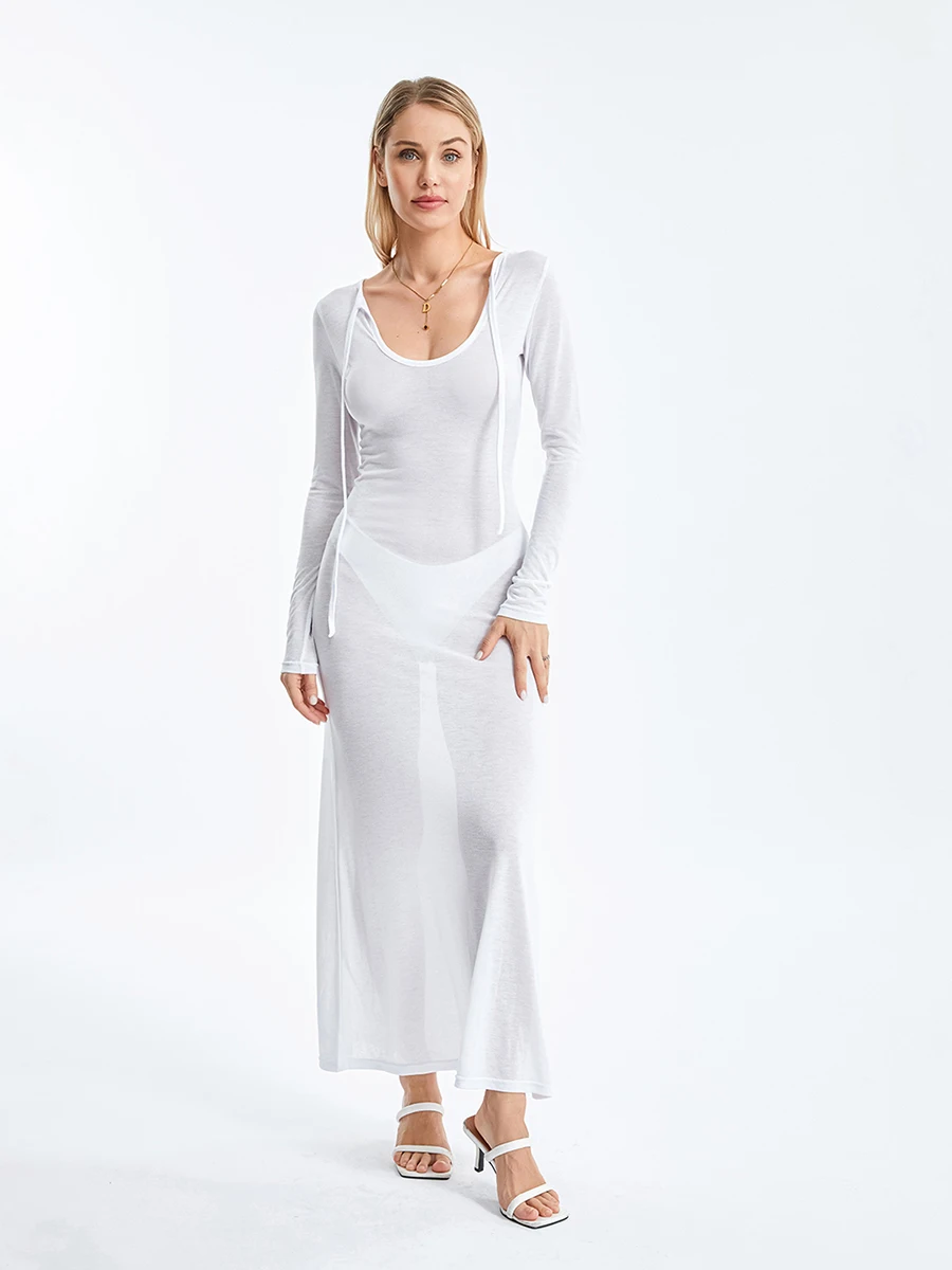 

Женское платье-макси с длинным рукавом, трикотажное платье с открытой спиной и глубоким вырезом, пикантное прозрачное пляжное платье, шикарное белое