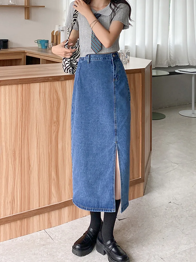 

Юбка женская джинсовая трапециевидная средней длины, свободная юбка из денима с разрезом и высокой талией, с эффектом потертости, в уличном стиле, лето