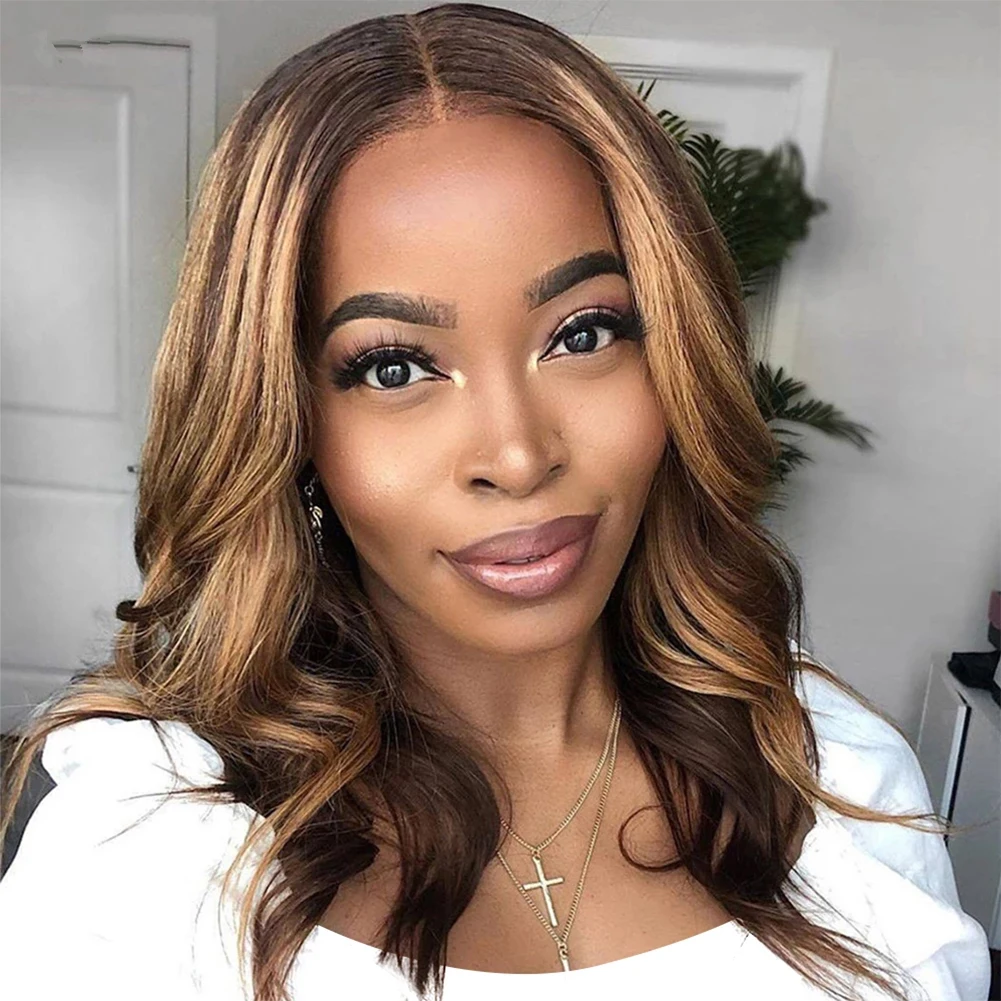 

Highlight Color Brown Blonde Human Hair Wigs Preplucked Brazilian Remy Natural 13x6 Lace Front Frontal Wig T Part Body Wave 180%