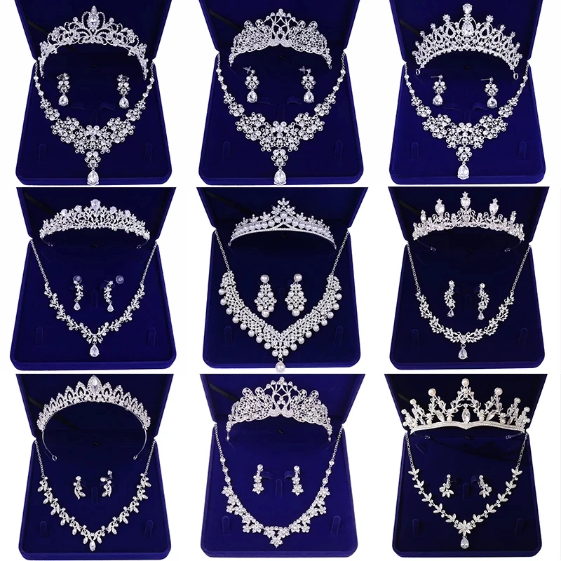 Fashion Zircon Bridal Jewelry Sets Wedding Crown Necklace With Earrings Pin Pearl Crystal Tiara And Crowns Hair Ornaments Women