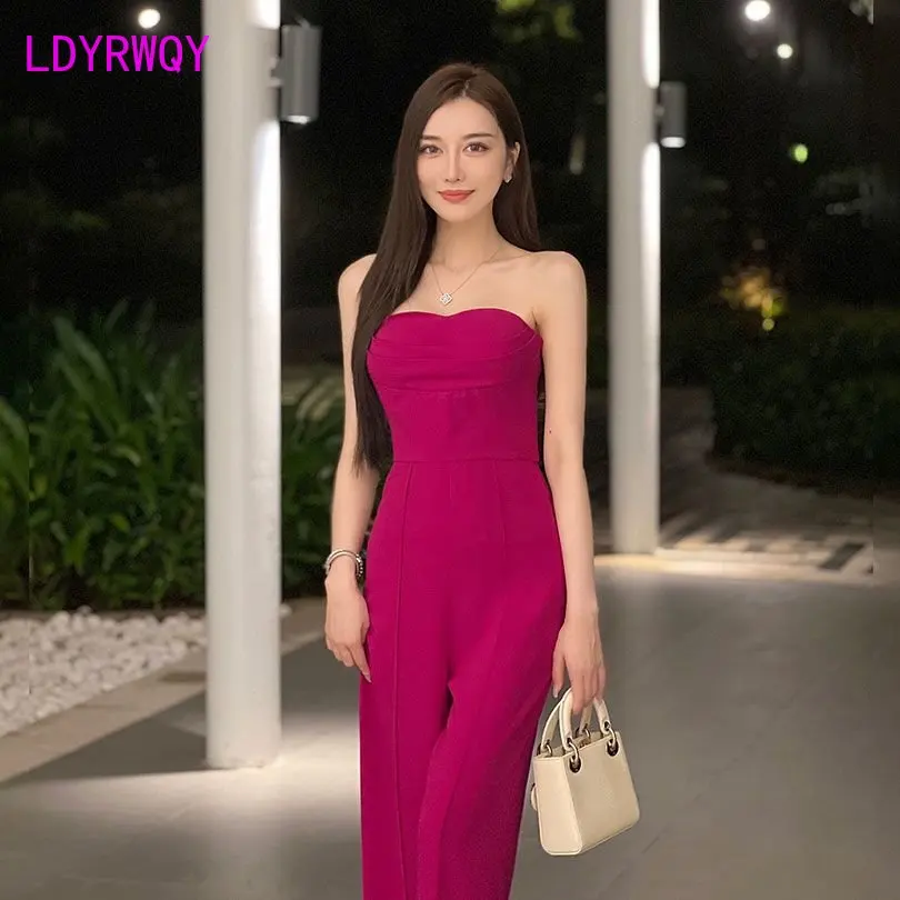 Chest Wrapped Open Back Rose Temperament Jumpsuit Design Sense Slim Fit Wide Leg Pants