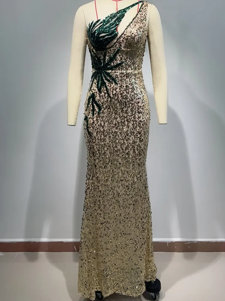 Женское платье-макси с вышивкой в виде зеленых листьев