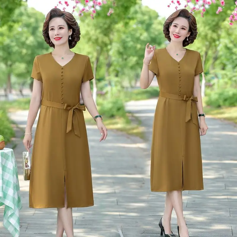 

2022 Women Summer Fashion Satin Solid Color Dresses Female V-neck Loose Vestidos Ladies Middle-aged Casual A-line Dresses J183