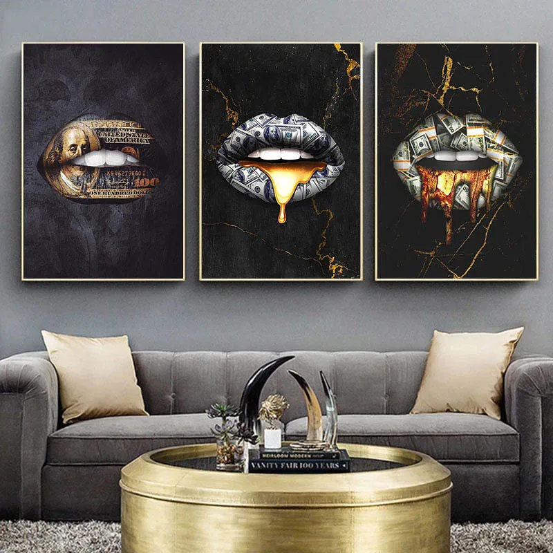 

Modern Golden Lips Dollar Money Luxury Art Canvas Painting Abstract Poster Print Wall Art Pictures for Living Room Home Decor