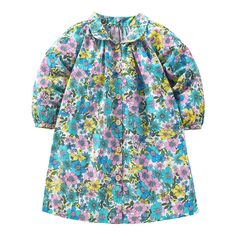 

Little Maven New Spring Autumn Kids Blue Purple Florals Printed Girls Peter Pan 2-7yrs Full-sleeved Cotton Woven Sweet Dresses