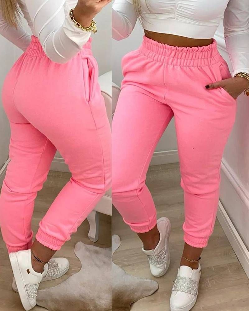 

Ladies sportswear casual solid color trousers printed pocket design Ladies elastic overalls 2021 spring and summer new