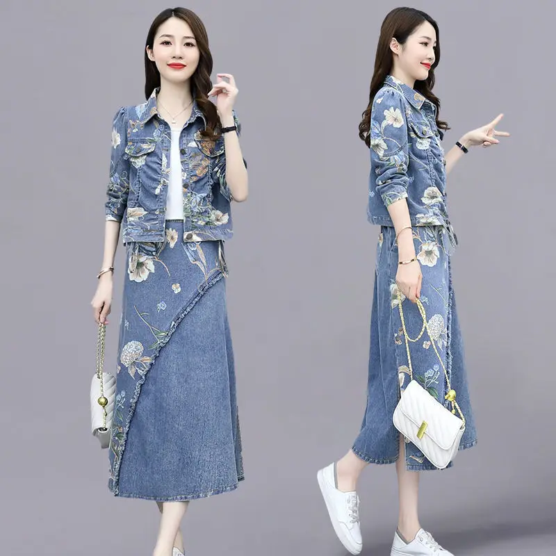 

Woman Retro Denim Skirt Two Piece Set Female Fashion Denim Jacket and High Waist Skirt Suit Ladies Spring Jean Coat Outfits G217
