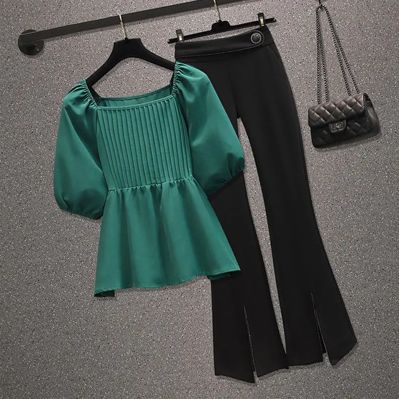 

2023 New Summer Elegant Women's Pants Set Vertical Pleated Chiffon Top Wide Leg Pants Two Piece Set Women's Casual Clothes