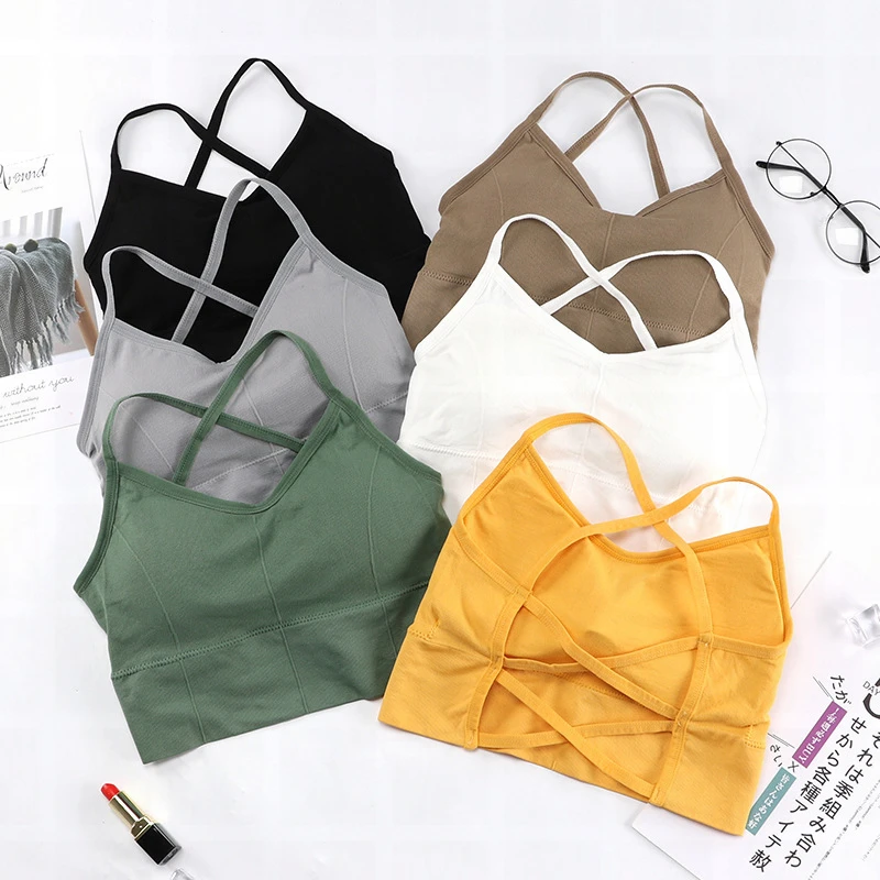 

Solid Color Yoga Bra Women Padded Sports Bra Removable Workout Bra Wireless Fitness Bra Elastic Thin Shoulder Strap Workout Bra