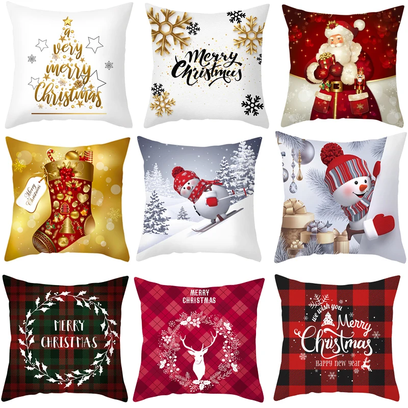 

Happy Christmas Cushion Cover Lattice Xmas Tree Santa Claus Snowman Non-Woven Fabric Pillowcase for Diy Christmas Party Supplies