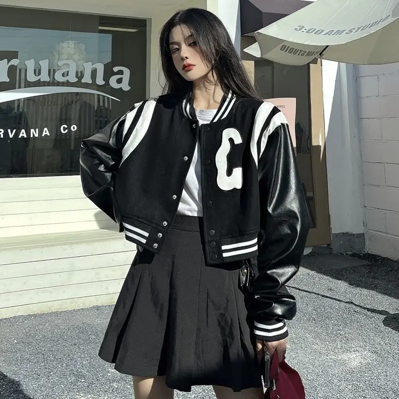 HOUZHOU Black Baseball Jacket Women Autumn College Leather Patchwork Gothic Long Sleeve Loose Cropped Jacket Korean Streetwear