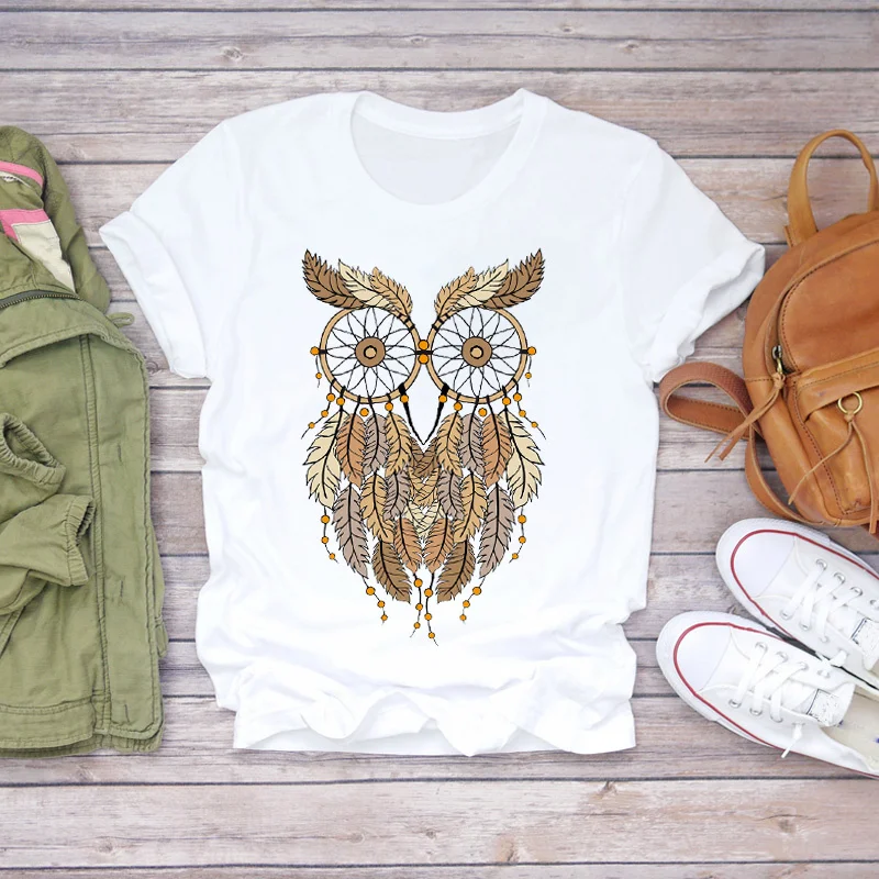 

Women Feather Owl Animal Cartoon Camisas Mujer Clothes Lady T-shirts Top Womens T Shirt Ladies Graphic Female Tee T-Shirt