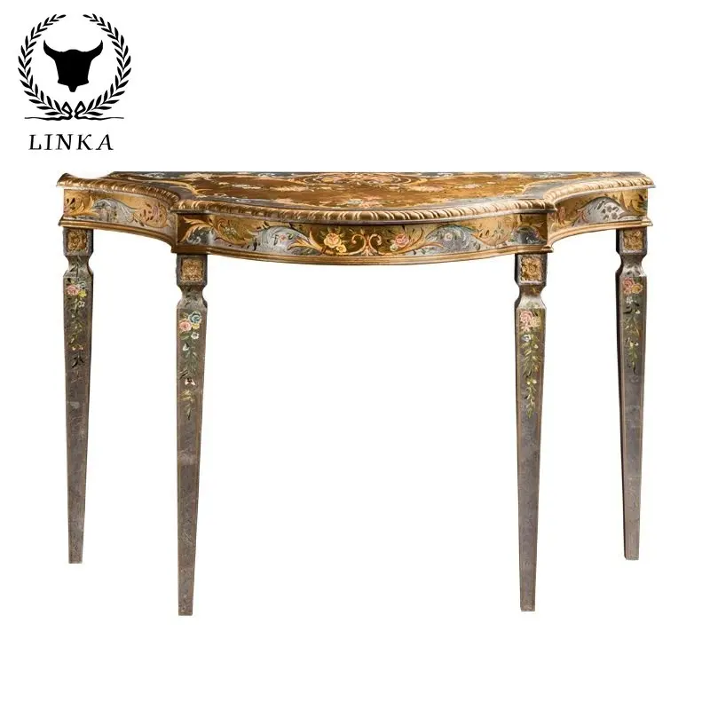 

Роскошный полностью цельный стол для прихожей во французском стиле из позолоченной серебряной фольги с резьбой по дереву и цветами