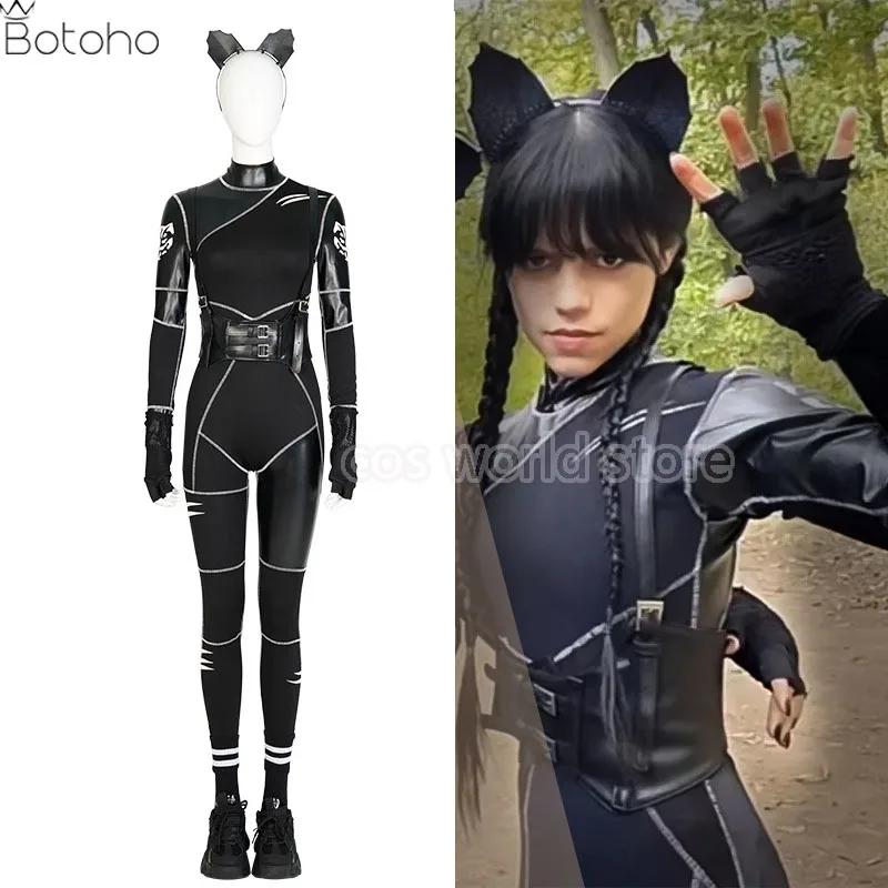 Wednesday Addams Family Cosplay Costume Shoes Girl Women Black Jumpsuits Gloves Suit Superhero Bodysuit Halloween Party Clothing
